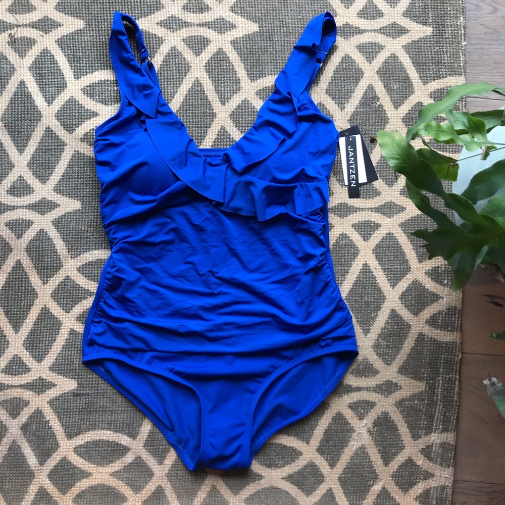 Jantzen Solid Ruffle One Piece Blue Swimsuit 10